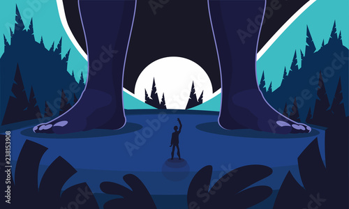 Incredible meeting of an ordinary man and a giant against the background of the night mountain landscape. Big legs of the giant in the frame. Night coniferous forest. Cartoon flat style illustration