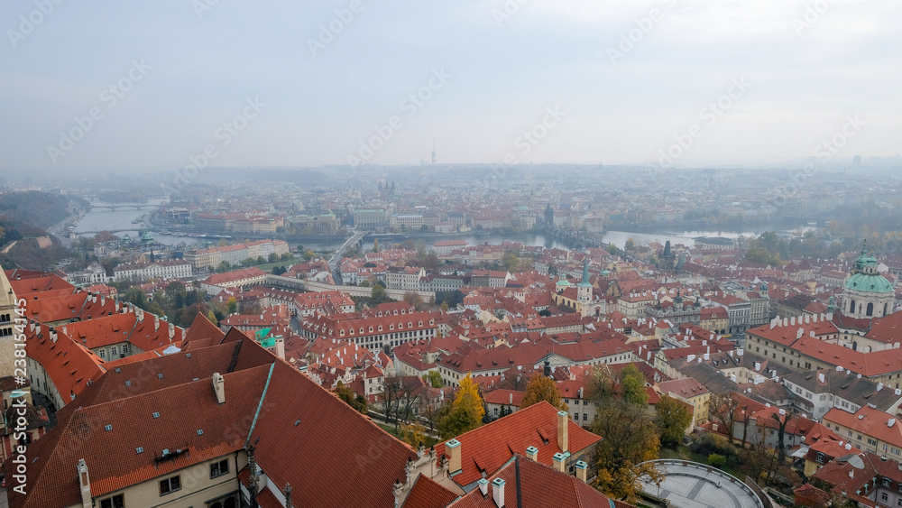top view of the Prague city with vltava river view in misty autumn