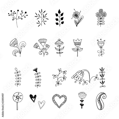 Vector hand drawn set of different folk art scandinavian motives. Collection art elements for fashion, room decoration, wall art, posters, logo.