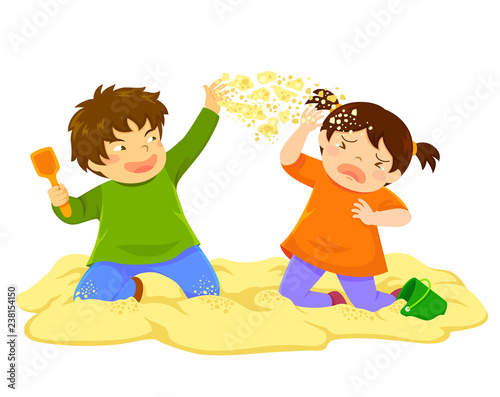 Naughty boy throwing sand at a little girl in the sandbox