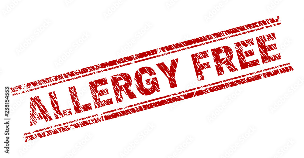 ALLERGY FREE seal print with corroded texture. Red vector rubber print of ALLERGY FREE caption with grunge texture. Text title is placed between double parallel lines. ALLERGY FREE seal print with corroded texture. Red vector rubber print of ALLERGY FREE caption with grunge texture. Text title is placed between double parallel lines.