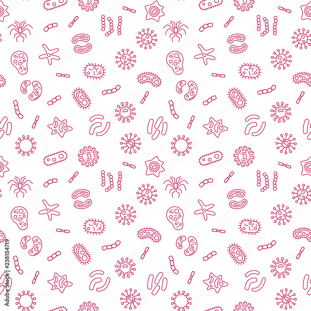 Bacteria seamless background. Vector microbiology red pattern in thin line style