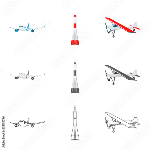 Vector design of plane and transport sign. Set of plane and sky stock symbol for web.