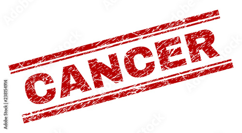CANCER seal print with corroded texture. Red vector rubber print of CANCER text with dirty texture. Text title is placed between double parallel lines.
