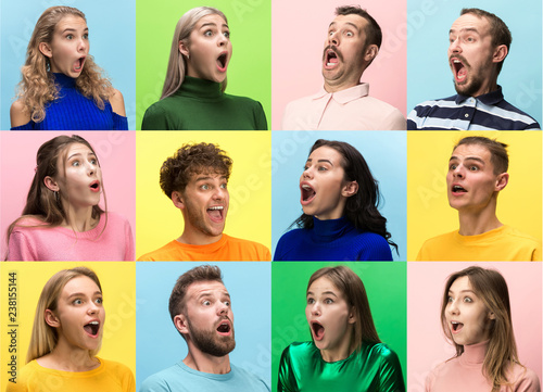 The surprised and astonished young woman and man screaming with open mouth isolated on colorful background. concept of shock face human emotion