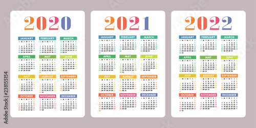 Calendar 2020, 2021, 2022 years. Vertical vector calender design template. Colorful set. Week starts on Sunday