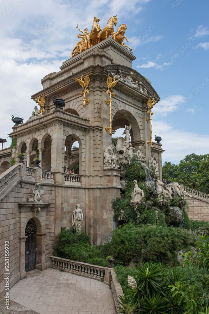 Spain. Barcelona Park Citadel. Side view of the cascade arch with Aurora's Chariot and Venus sink