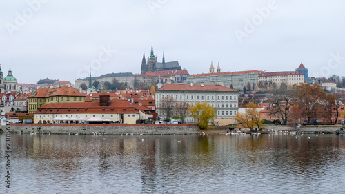 Prague Castle with Vltava river view from old town side in autumn season, Czech Republic