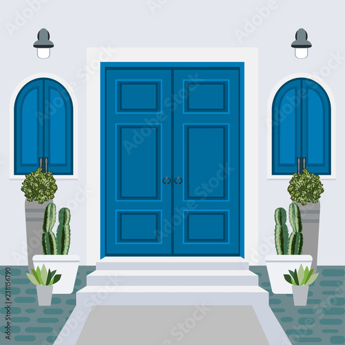 House door front with doorstep and mat, steps, window, lamp, flowers, building entry facade, exterior entrance design illustration vector in flat style