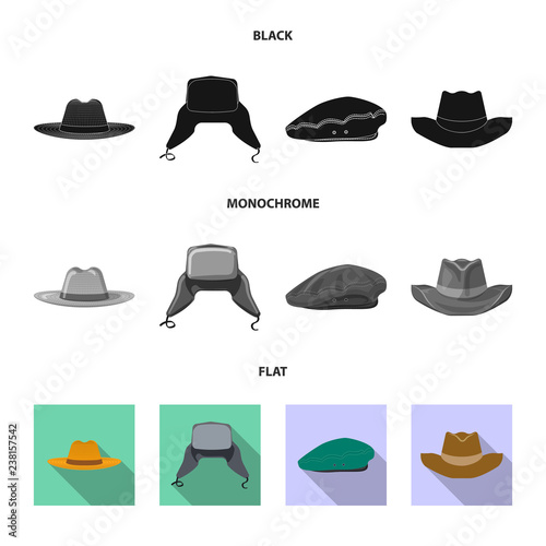 Vector design of headgear and cap logo. Collection of headgear and accessory stock vector illustration.