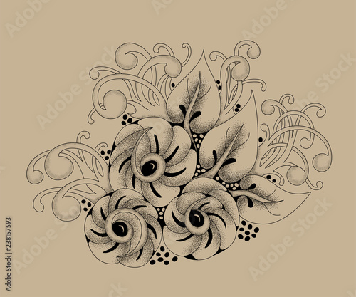 Abstract vector Monochrome Floral Background. Hand Drawn pattern with Spiral, Flowers and curls. Template for Greeting Card, vector illustration. Black drawing on craft paper
