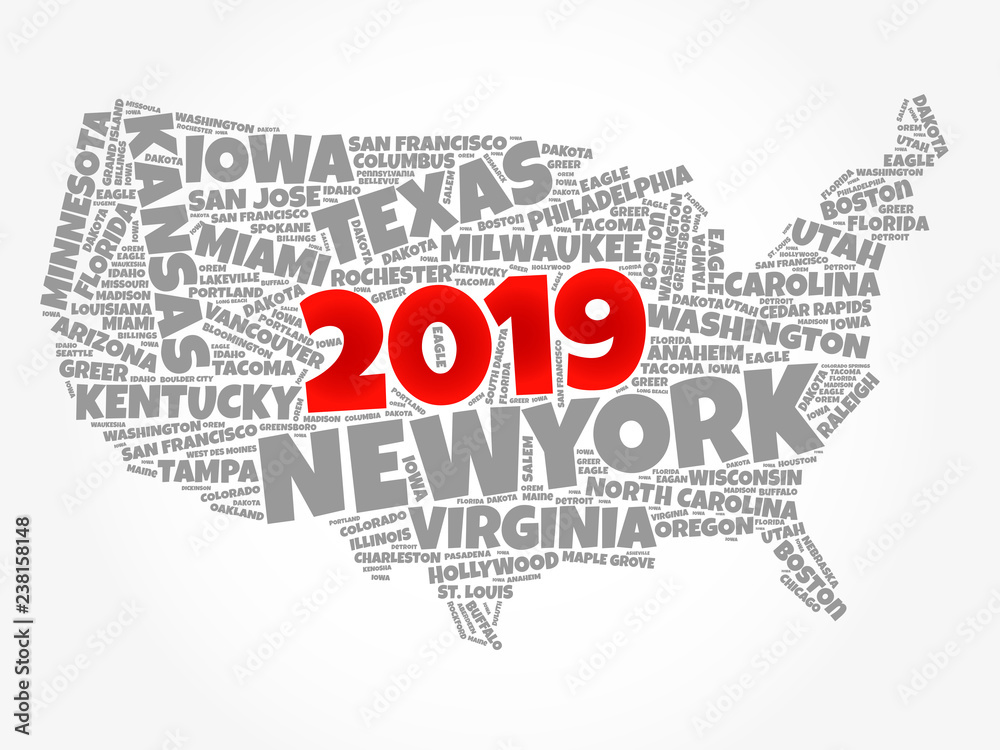 2019 year USA Map word cloud with most important cities