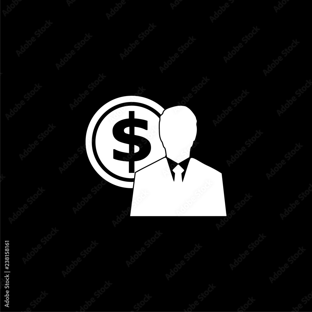 Employee wages icon or logo, Businessman silhouette with dollar sign, User earnings icon on dark background Employee wages icon or logo, Businessman silhouette with dollar sign, User earnings icon on dark background