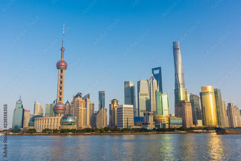 Beautiful cityscape of the Pudong business and technological business of Shanghai and the Huangpu river, China