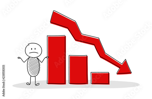 Sad stickman showing column chart. Vector.