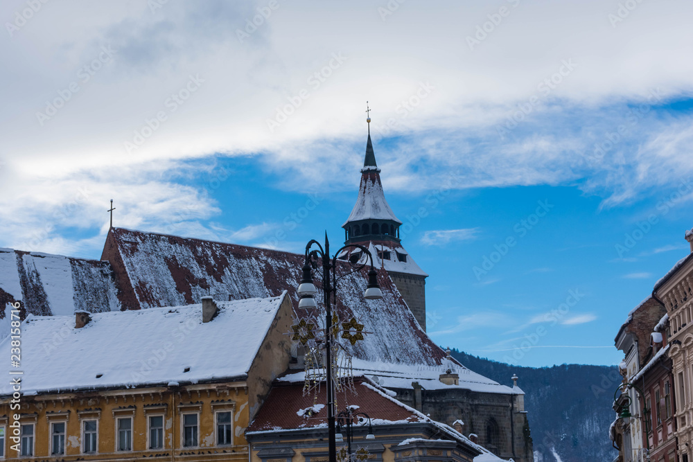 roof of the black church of Brasov under the snow, Romania