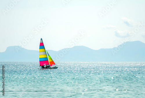 Colorful catamaran sailing in the sea