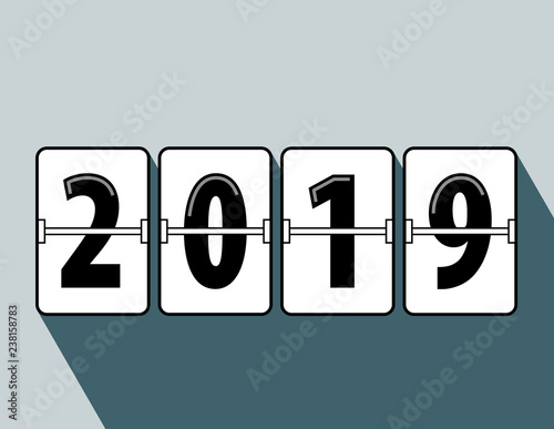 Happy new year 2019 flip clock style. Happy New Year 2019 scoreboard vector illustration. Mechanical clock on digits board panel in flat style. Blue Background. Vector Illustration.