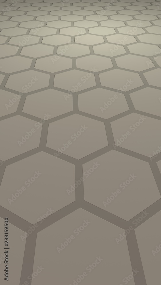 Honeycomb with color lighting, on a gray background. Perspective view on polygon look like honeycomb. Isometric geometry. Vertical image orientation. 3D illustration