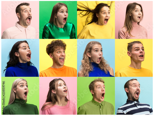 The surprised and astonished young woman and man screaming with open mouth isolated on colorful background. concept of shock face human emotion