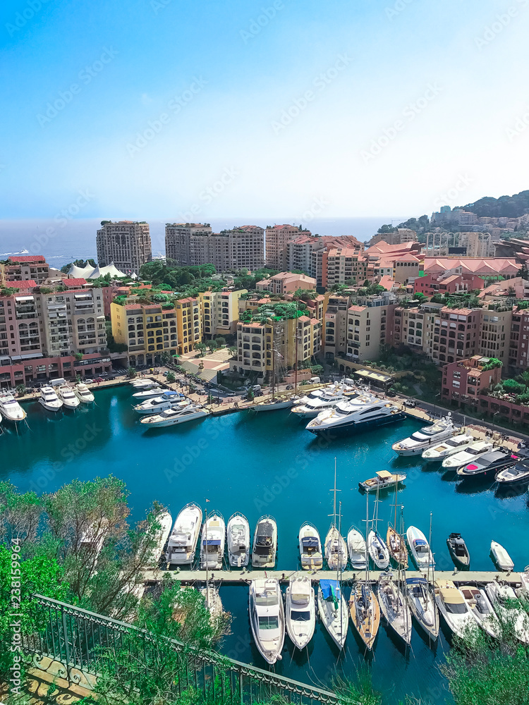 Obraz premium Luxury yacht marina. Port in the Mediterranean Sea overlooking the city of Monaco. Aerial view