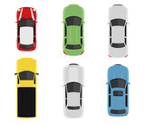 Transport set from above, top view. Cute cartoon cars with shadows. Modern urban civilian vehicles collection. Simple icon or logo. Realistic design. Flat style vector illustration.