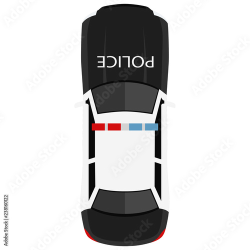 Police car from above, top view. Cute cartoon transport with shadows. Modern urban vehicle. One of the collection or set. Simple icon or logo. Realistic design. Flat style vector illustration.
