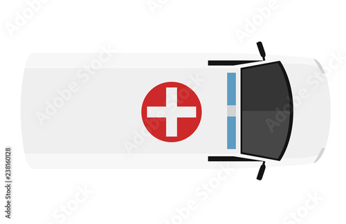Ambulance car from above, top view. Cute cartoon emergency transport with shadows. Modern urban vehicle. One of the set. Simple icon or logo. Realistic design. Flat style vector illustration.