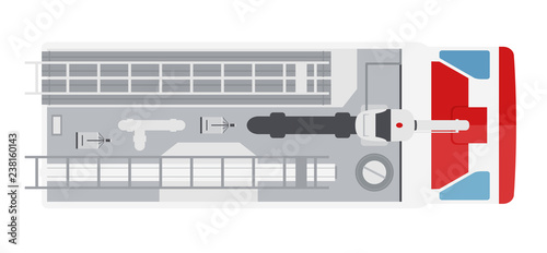 Fire engine car from above, top view. Cute cartoon transport with shadows. Modern urban vehicle. One of the collection or set. Simple icon or logo. Realistic design. Flat style vector illustration.