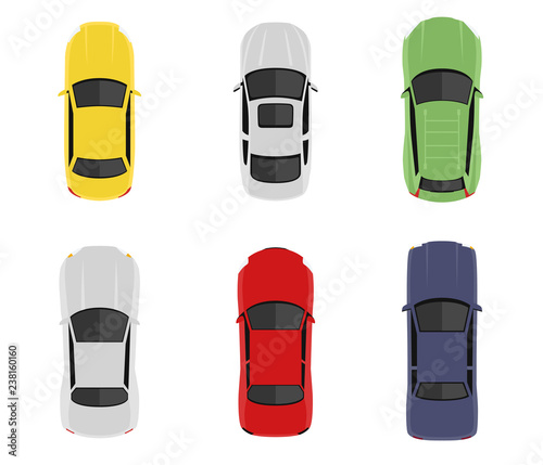Transport set from above, top view. Cute cartoon cars with shadows. Modern urban civilian vehicles collection. Simple icon or logo. Realistic design. Flat style vector illustration.