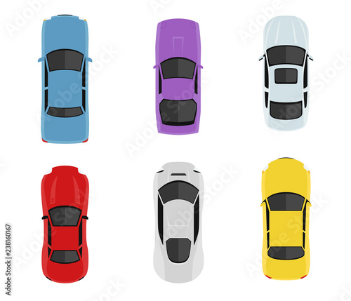 Transport set from above, top view. Cute cartoon cars with shadows. Modern urban civilian vehicles collection. Simple icon or logo. Realistic design. Flat style vector illustration.