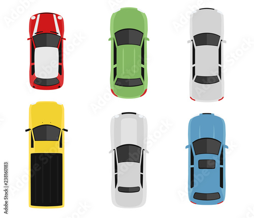 Transport set from above, top view. Cute cartoon cars with shadows. Modern urban civilian vehicles collection. Simple icon or logo. Realistic design. Flat style vector illustration.