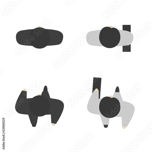 Set of people from above, top view. Simple style. Flat design vector illustration. Staying and walking different men and women in suits. Businessman with suitcase.