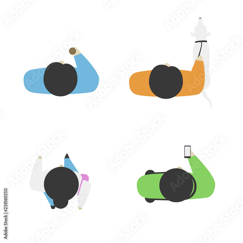 Set of people from above, top view. Simple style. Flat design vector illustration. Staying and walking different men and women. Man with a dog and a cup of coffee in his hand. Phone in the hand.