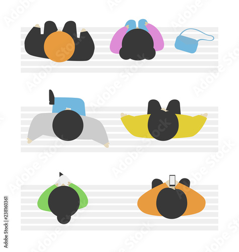 Set of people from above, top view. Simple style. Flat design vector illustration. Staying and walking different men and women in the park, sitting on the bench.