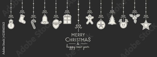 Christmas greetings with hanging decorations. Vector.