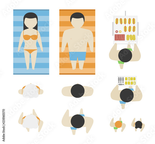 Set of people from above, top view. Simple style. Flat design vector illustration. Staying and walking different men and women at beach and in water on a rest. Beach seller and kids.