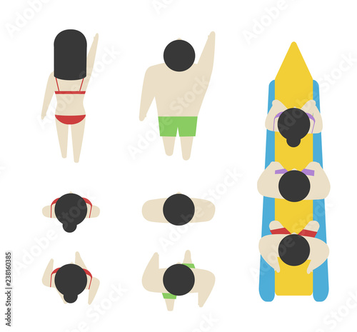 Set of people from above, top view. Simple style. Flat design vector illustration. Staying, walking and swimming different men and women at beach and in water on a rest.
