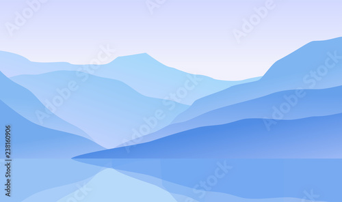 Simple landscape. Hills and mountains. Sunrise. Blue and purple colors. Gradients. Simple modern design. Template for banner or poster. Place for text. Flat style vector illustration.