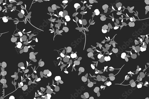 Eucalyptus Vector. Monochrome Seamless Pattern with Vector Leaves, Branches and Floral Element. Elegant Background for Rustic Wedding Design, Fabric, Textile, Dress. Eucalyptus Vector in Vintage Style