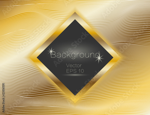 Gold wavy, lines luxury. Vector texture gold stripes background, with dark square plate. The winding of the strip. Rectangle panel with space for text.