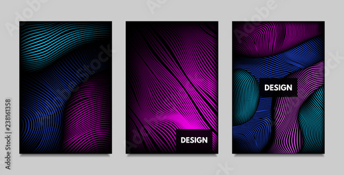 Fluid Metallic Shapes Abstraction. Covers with Trendy Vibrant Gradient and Movement Effect. Abstract Wavy Geometry. Vector Templates with Distortion of Lines. Fluid Shapes for Business Presentation. © ingara