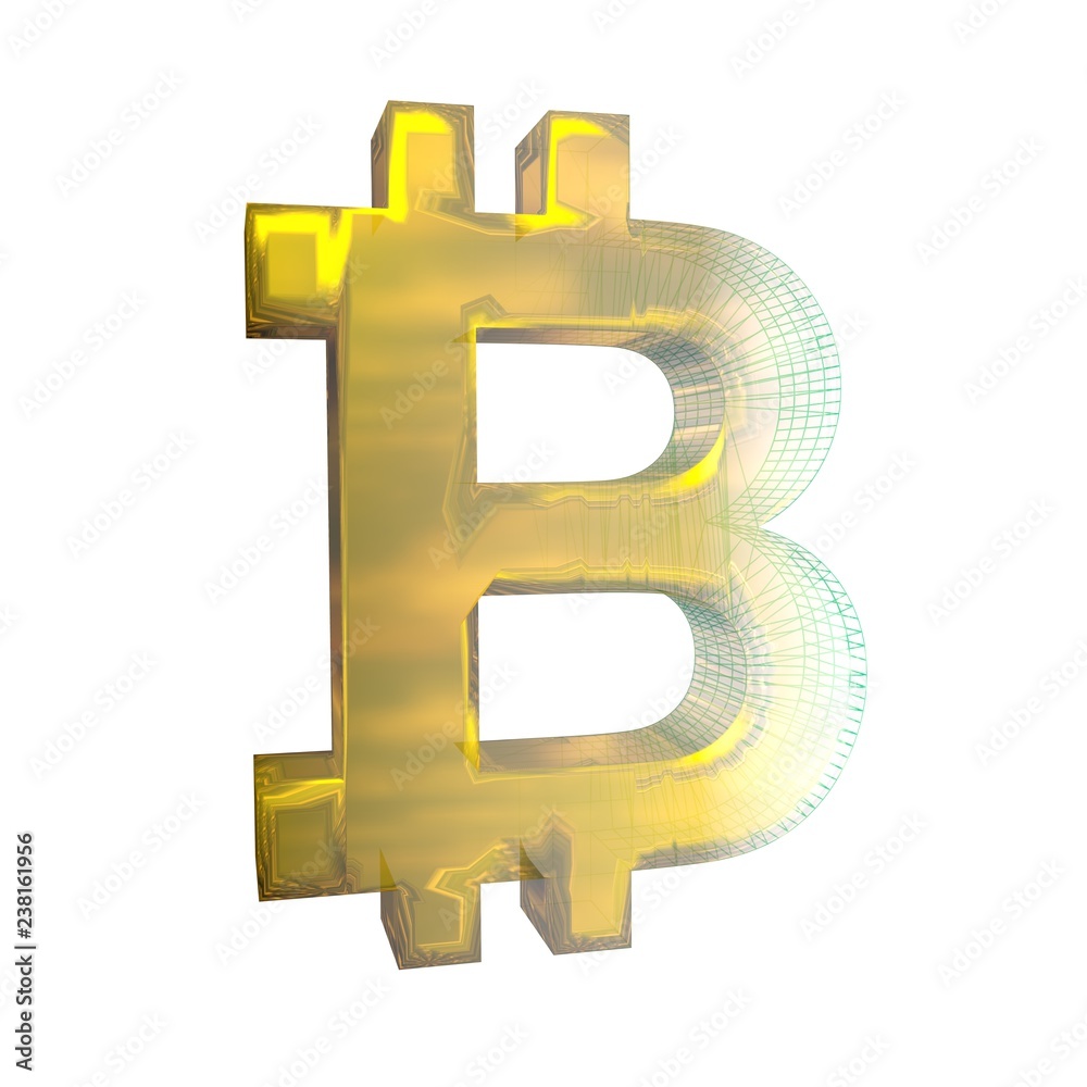 Bitcoin sign, gold turns into a green grid on a white background. 3D illustration Bitcoin sign, gold turns into a green grid on a white background. 3D illustration