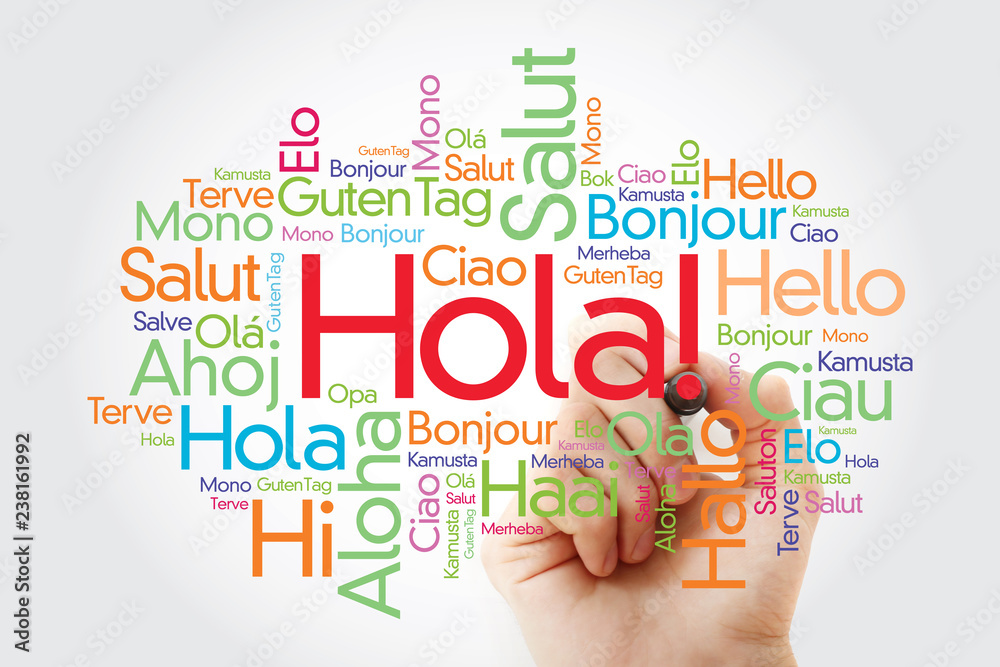 Hola! (Hello Greeting in Spanish) word cloud in different languages of the world with marker, background concept Hola! (Hello Greeting in Spanish) word cloud in different languages of the world with marker, background concept
