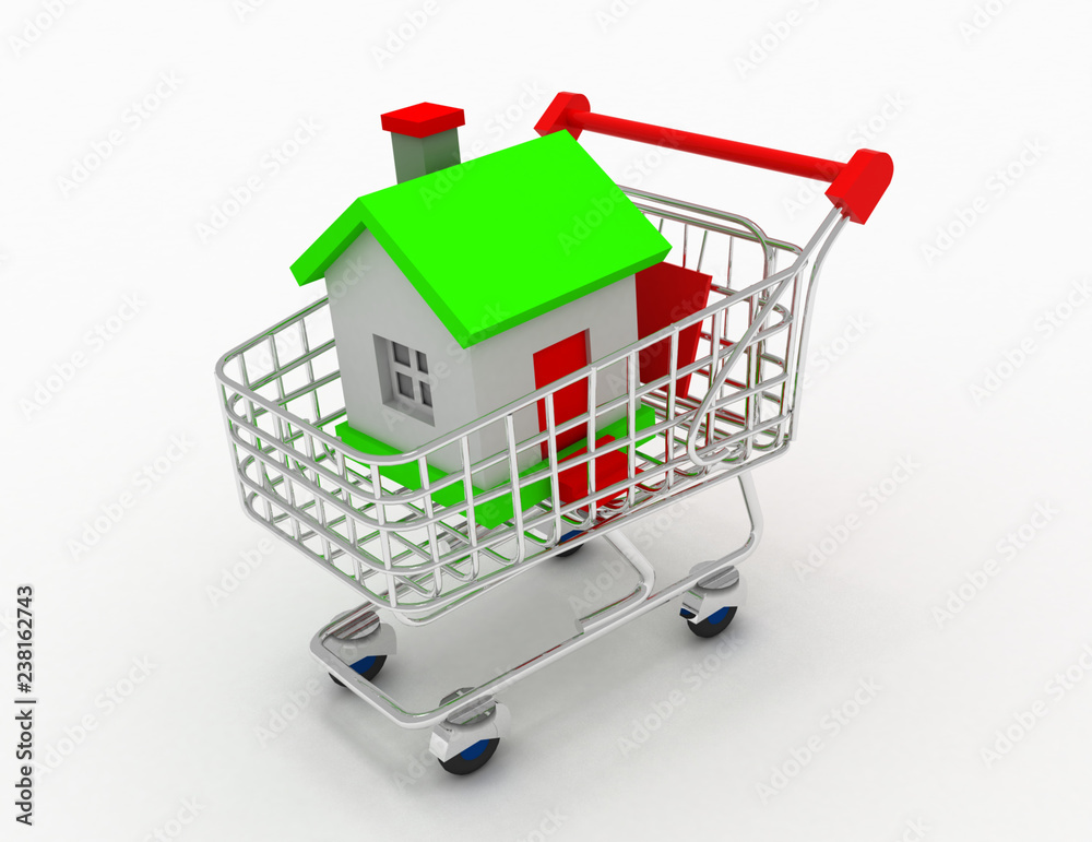 3D house in a shopping cart isolated on white in the design of the information related to the purchase of Real Estate. 3d illustration