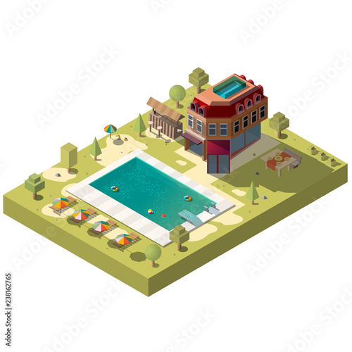 Luxury resort hotel building isometric vector with outdoor bar, children playground, restaurant and lounge chairs near swimming pool low poly 3d illustration. Recreation and tourism attraction object