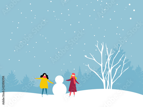 Two girls are building a snowman. Friends winter outdoor activity. Flat illustration