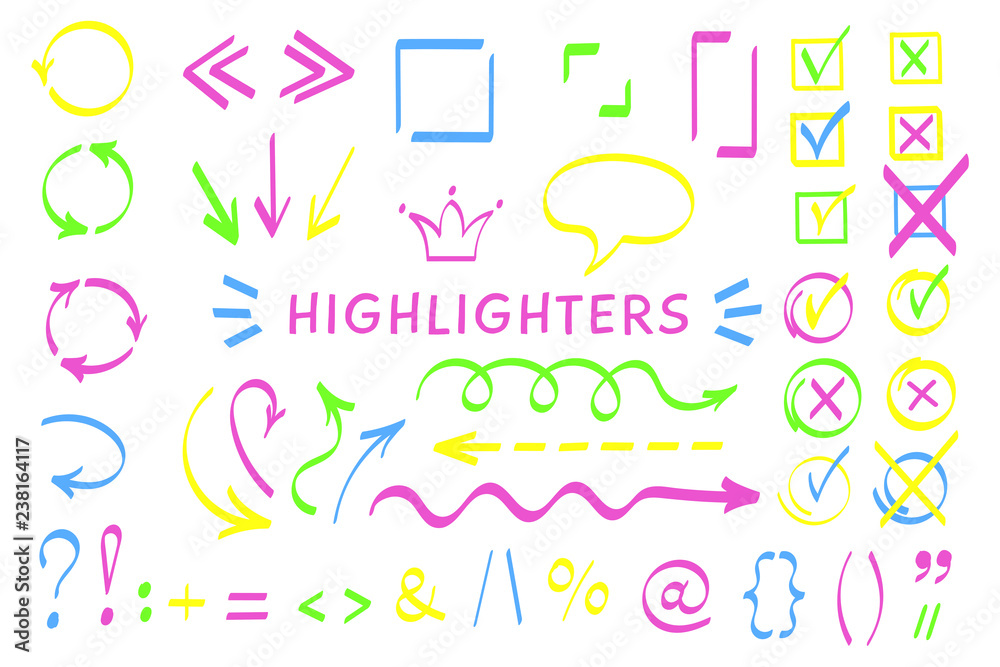 Sketchy symbol highlight pen set vector illustration. Collection of arrows, checkboxes and highlight decorative elements in neon color with felt pen style symbols for hand drawn office planning design