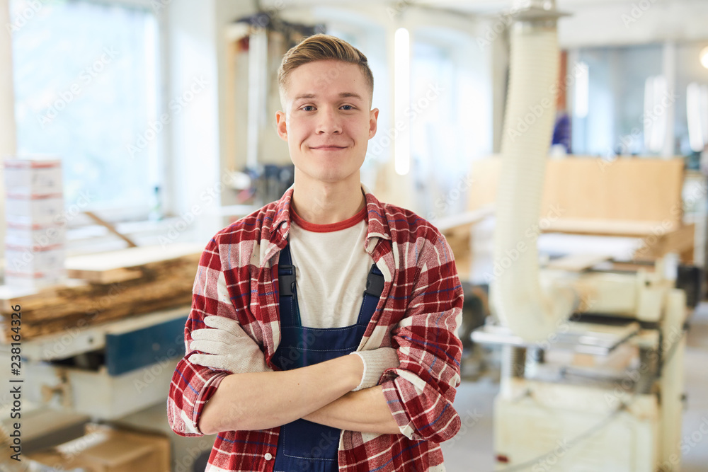 Content confident handsome young carpentry student in work gloves wearing red checkered shirt and overall standing in modern workshop and looking at camera - obrazy, fototapety, plakaty 