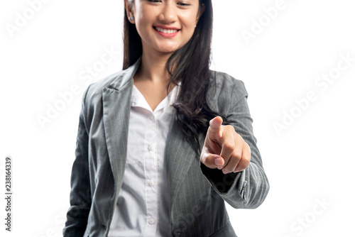 Beautiful asian business woman pointing something